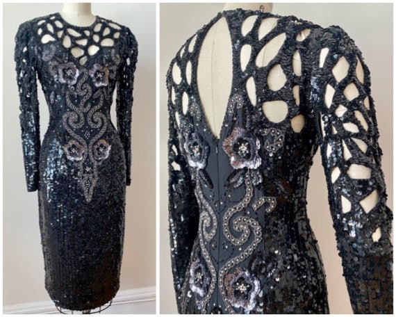 Vintage 1990s Glittery Black Silk Beaded Sequin C… - image 1