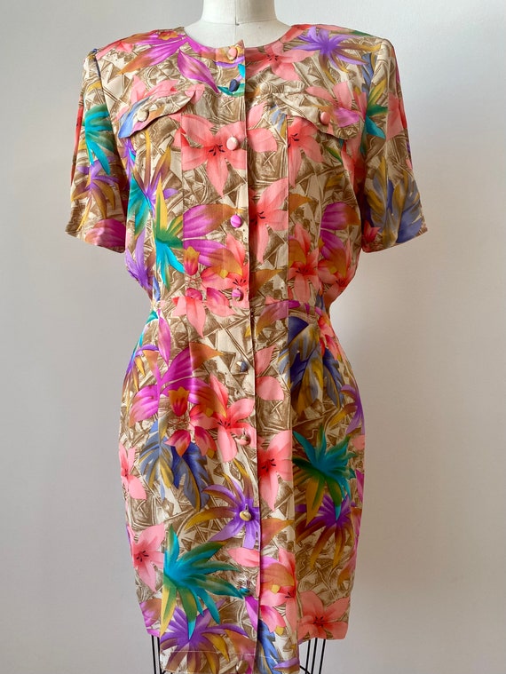 Vintage 1980s Colorful Floral Palm Print Silk Dre… - image 10