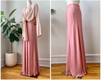 Vintage 1990s Long Floor Length Pure Silk Pink Bias Cut Skirt