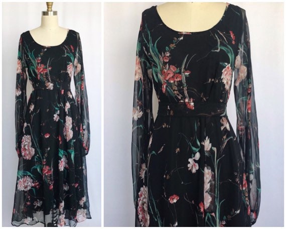 vintage 70s floral kaftan dress / sheer black bohe