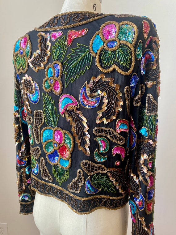 Vintage 1980s Black Multi Colored Silk Beaded Seq… - image 9