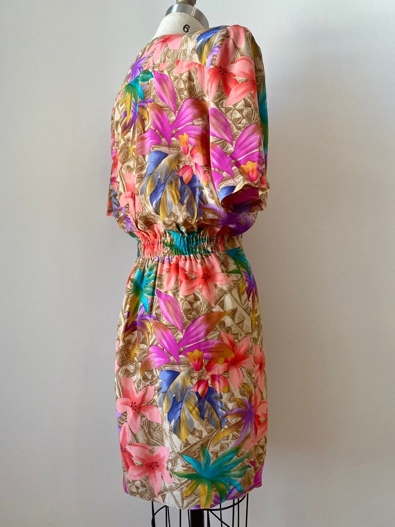 Vintage 1980s Colorful Floral Palm Print Silk Dre… - image 5