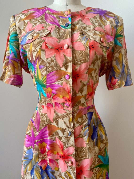 Vintage 1980s Colorful Floral Palm Print Silk Dre… - image 6