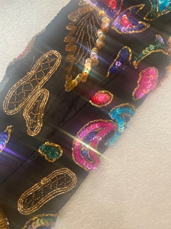 Vintage 1980s Black Multi Colored Silk Beaded Seq… - image 10