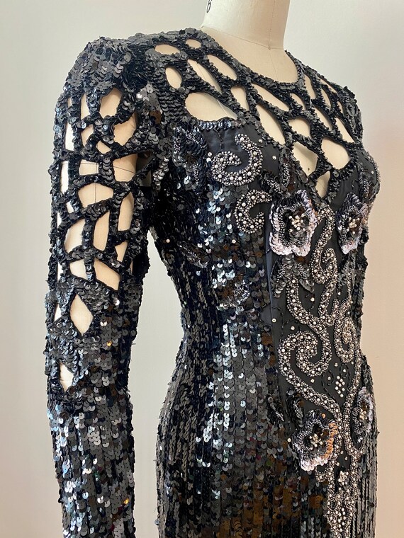 Vintage 1990s Glittery Black Silk Beaded Sequin C… - image 4