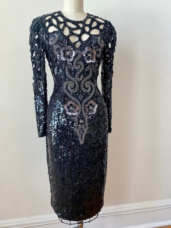 Vintage 1990s Glittery Black Silk Beaded Sequin C… - image 3