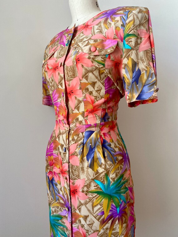 Vintage 1980s Colorful Floral Palm Print Silk Dre… - image 3