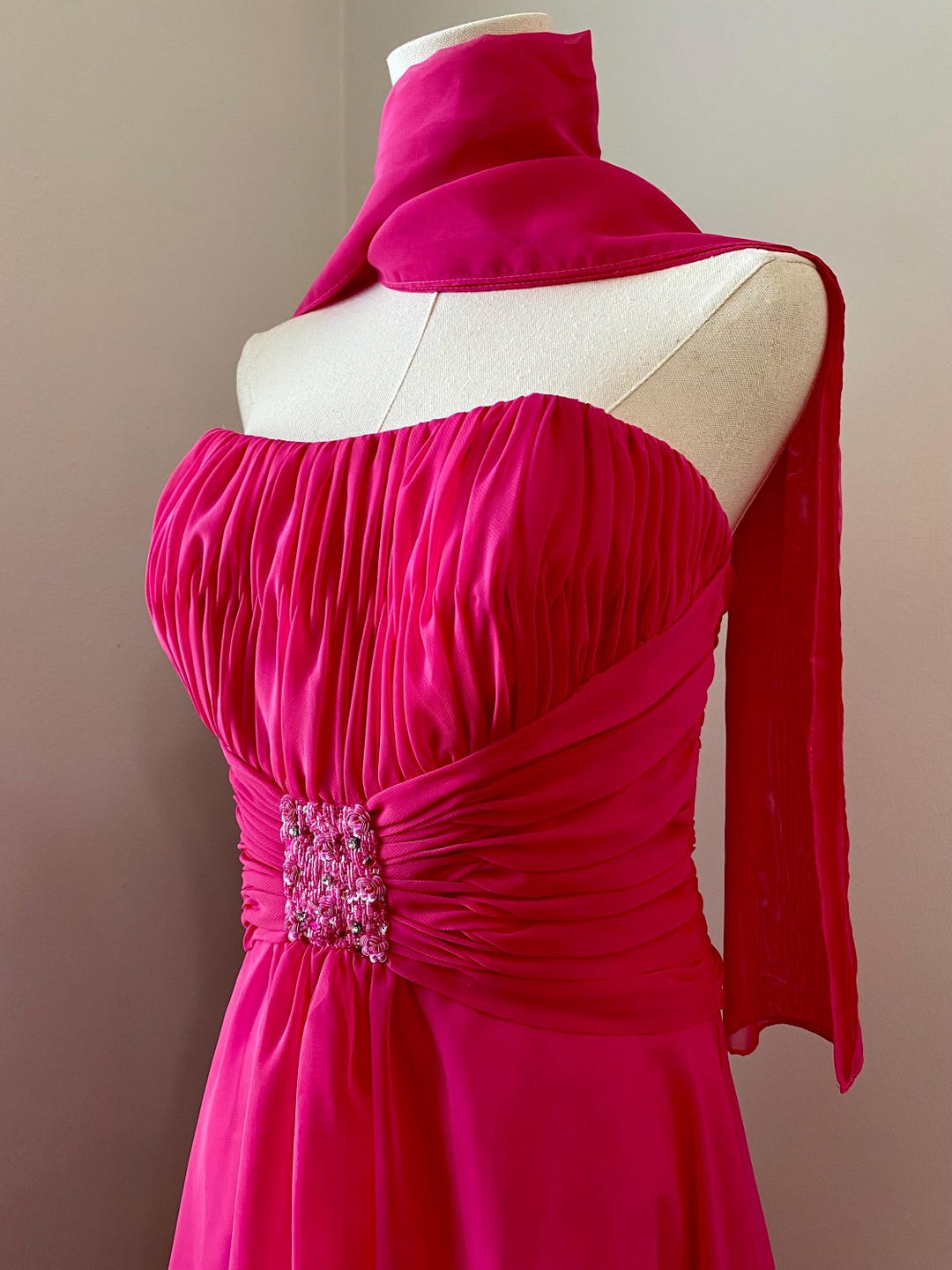 strapless hot pink bridesmaid dresses 90s Y2K Chiffon Dress With Scarf: Mori Lee, L-XL maternity photoshoot dress
