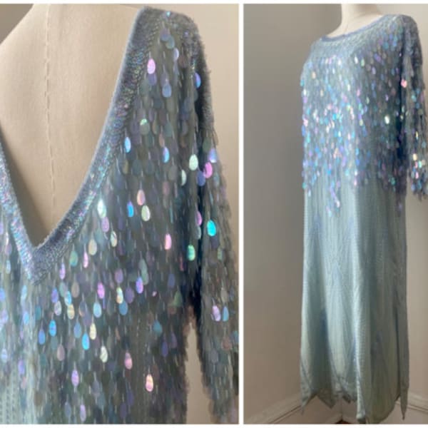 Vintage 1980s Flapper Style Baby Blue Silk Beaded Sequin Party Dress