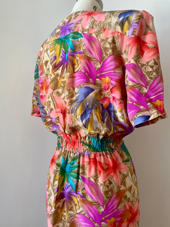 Vintage 1980s Colorful Floral Palm Print Silk Dre… - image 8