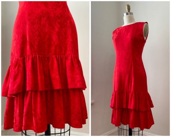 Vintage 1980s Red Silk Jaquard Sleeveless Slip Dr… - image 1