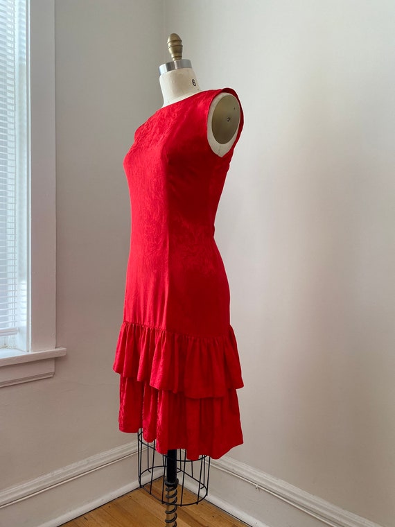 Vintage 1980s Red Silk Jaquard Sleeveless Slip Dr… - image 5