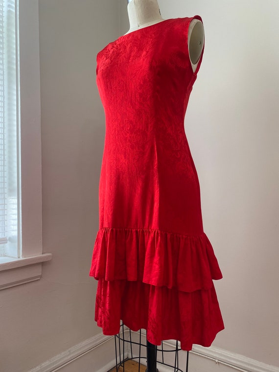 Vintage 1980s Red Silk Jaquard Sleeveless Slip Dr… - image 4