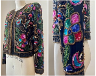 Vintage 1980s Black Multi Colored Silk Beaded Sequin Evening Jacket by Alisha