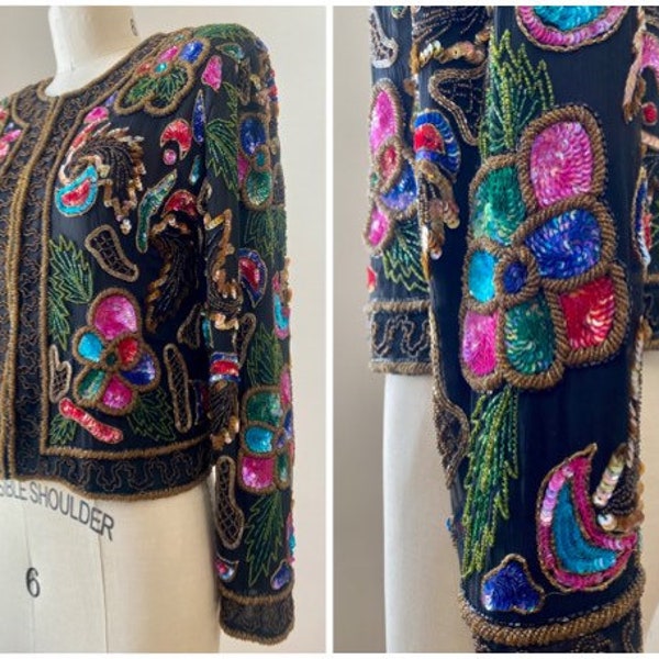 Vintage 1980s Black Multi Colored Silk Beaded Sequin Evening Jacket by Alisha