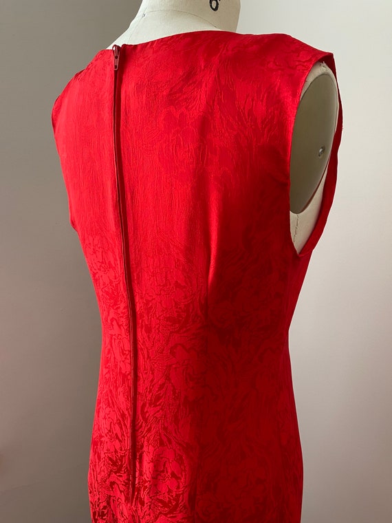 Vintage 1980s Red Silk Jaquard Sleeveless Slip Dr… - image 6