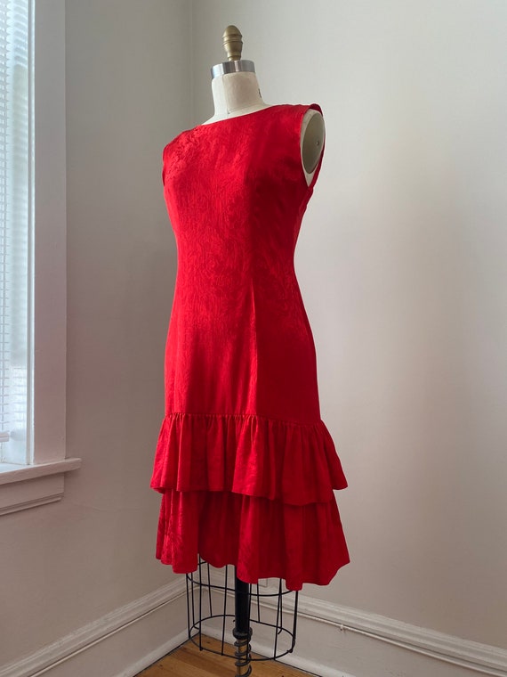 Vintage 1980s Red Silk Jaquard Sleeveless Slip Dr… - image 2