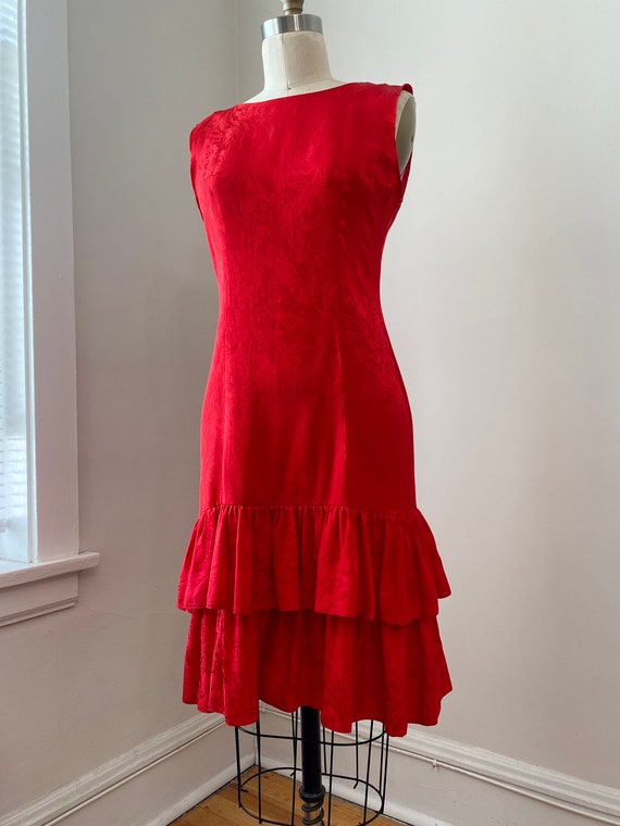 Vintage 1980s Red Silk Jaquard Sleeveless Slip Dr… - image 9