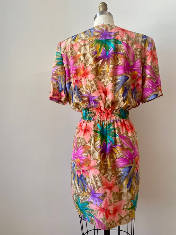 Vintage 1980s Colorful Floral Palm Print Silk Dre… - image 7