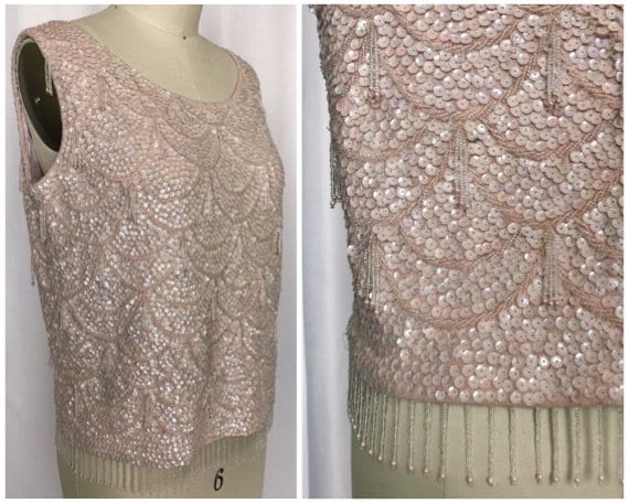 vintage 60s mod party top / 60s pink sequin sleeve