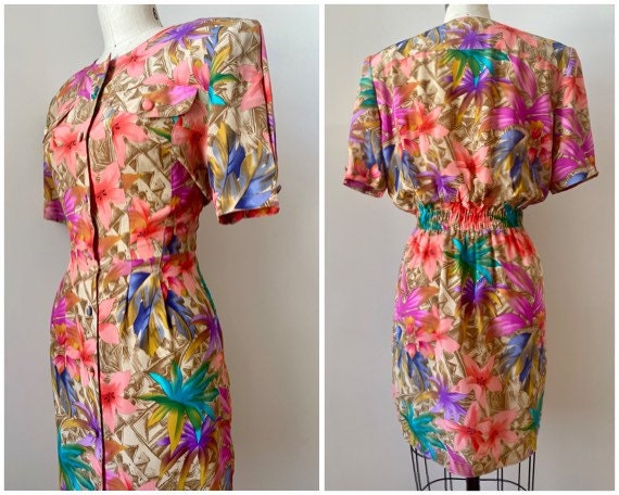 Vintage 1980s Colorful Floral Palm Print Silk Dre… - image 1
