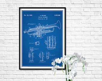 1937 Trumpet Patent Print, Trumpet Art, Brass Instrument, Music Room Decor, Trumpet Player Gift, Musician Gift, Marching Band, Orchestra Art