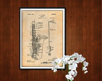 1924 Saxophone Patent Print, Saxophone Art, Musician Gift, Music Room Decor, Band Art, Jazz Musician Gift, Sax Patent, Sax Art, Jazz