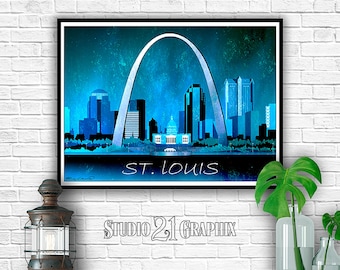 St Louis at Night, Missouri Art Print, Wall Art, Travel decor, Watercolor, Gateway to the West, Mound City Gift, Cityscape Art