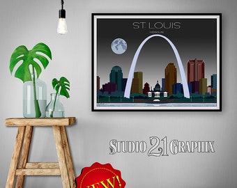 St Louis in Moon Light, Missouri Art Print, Wall Art, Travel decor, Watercolor, Gateway to the West, Mound City Gift, Cityscape Art