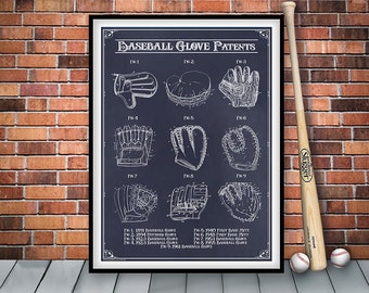 Vintage Baseball Gloves Patent Poster, patent set of baseball mitt history, collage