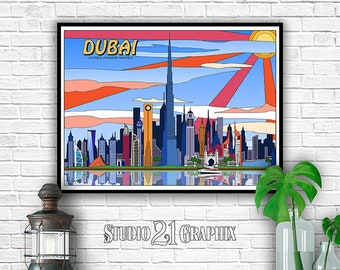 Dubai POP-ART, UAE City Skyline Print, Poster, Wall Art, Travel Decor, Watercolor, United Arab Emirates Art, Home Decor, Travel Gift