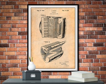 1938 Vassos Accordion Patent Print, Squeezebox, Music Room Decor, Musician Gift, Music Decor, Accordion Art, Music Teacher Gift, Polka Music