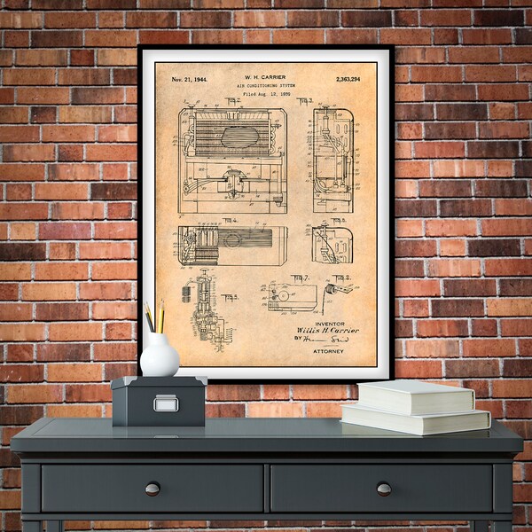 1939 Carrier Air Conditioning System Patent Print, Industrial Decor, Willis H Carrier, HVAC, Refrigeration, Cooling, AC, AC Technician Gift