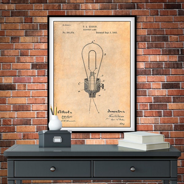 1882 Edison Bulb Patent Print, Edison Bulb Patent, Edison Bulb Art, Edison Print, Thomas Edison Décor, Edison Lamp Wall Art, Light Bulb