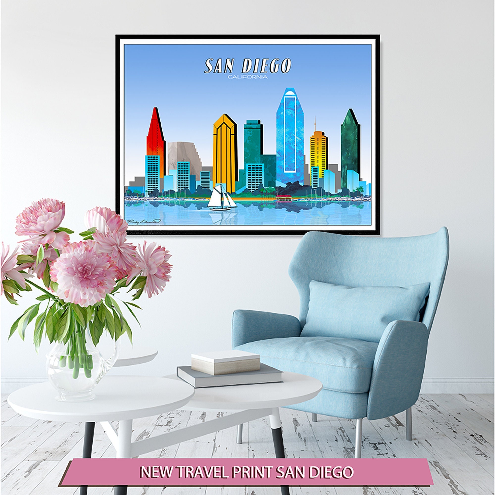 Trending Now - Adventure Time - San Diego California  Skyline - Preppy Room Decor - City Poster - Colorful Watercolor - Comfort Colors