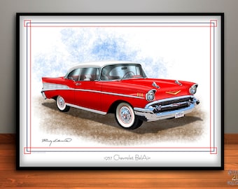 1957 Chevrolet BelAir Muscle Car Art Print, Vintage Chevrolet, Mechanic Gift, Boys Room, Garage Art, Automotive Art, Mancave Art, Car Art