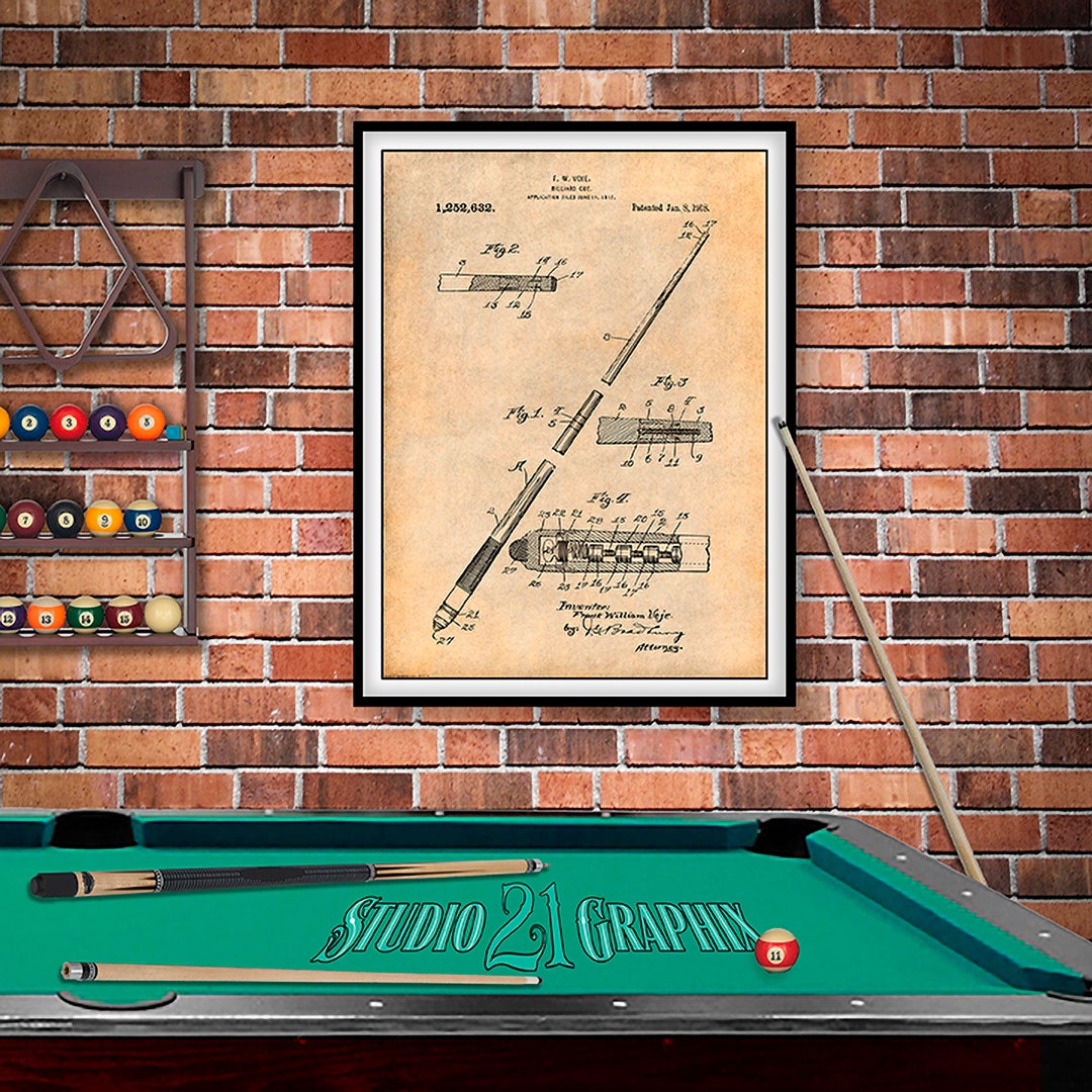 1917 Billard Pool Cue Patent Print, Billard, Décor de salon de