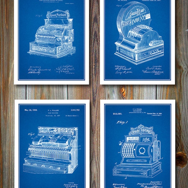 Cash Register Set of 4 Patent Prints , Cashier Gift, Office Decor, General Store, Retail Shop Decor, Cash Box, Antique Register, Retail