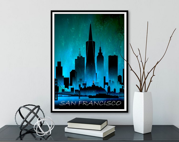 San Francisco at Night Art Print, Poster, Wall Art, Travel Decor, San Francisco Skyline, San Francisco Art, Home Decor