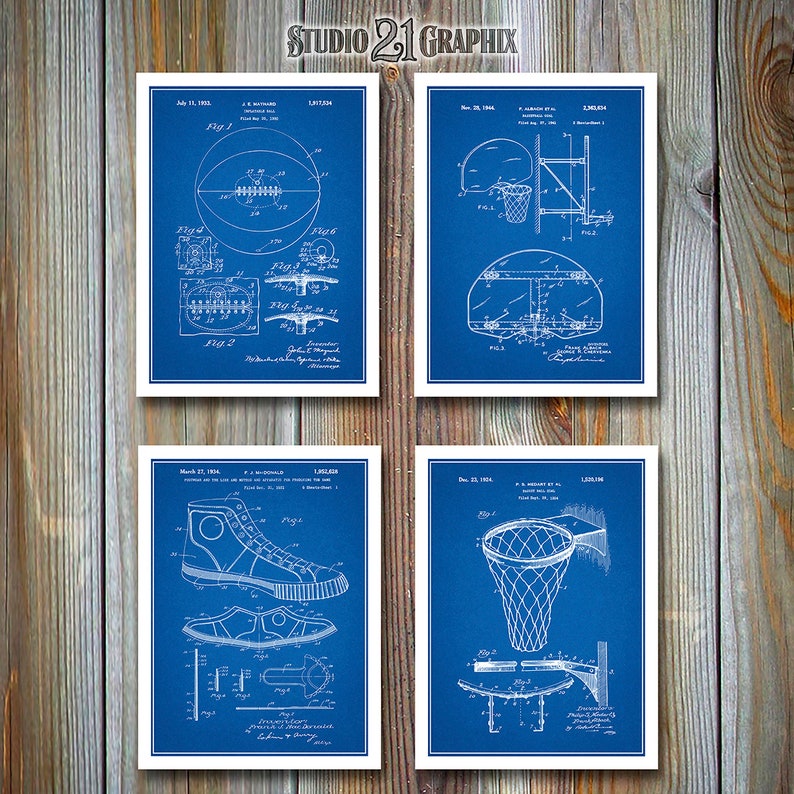 NBA Basketball Set Of 4 Patent Prints Basketball Coach Gift Basketball Art Hoops Decor Basketball Player Gift Boys Room Decor