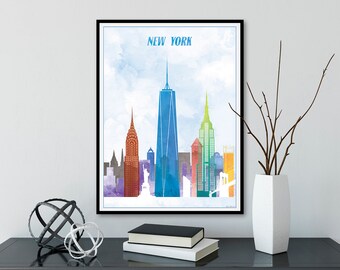 New York City Skyline Art Print, Wall Art, Travel decor, New York City Watercolor, New York City Art , New York City Gift, The Big Apple Art