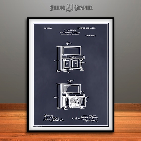 1907 Steinway Upright Piano Patent Print Art Drawing Poster 18 X 24