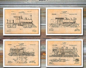 Railroad Set Of 4 Patent Prints, Locomotive, Railroad Decor, Train Gifts, Train Art, Train Decor, Train Room, Railroading, Engineer Gift, A