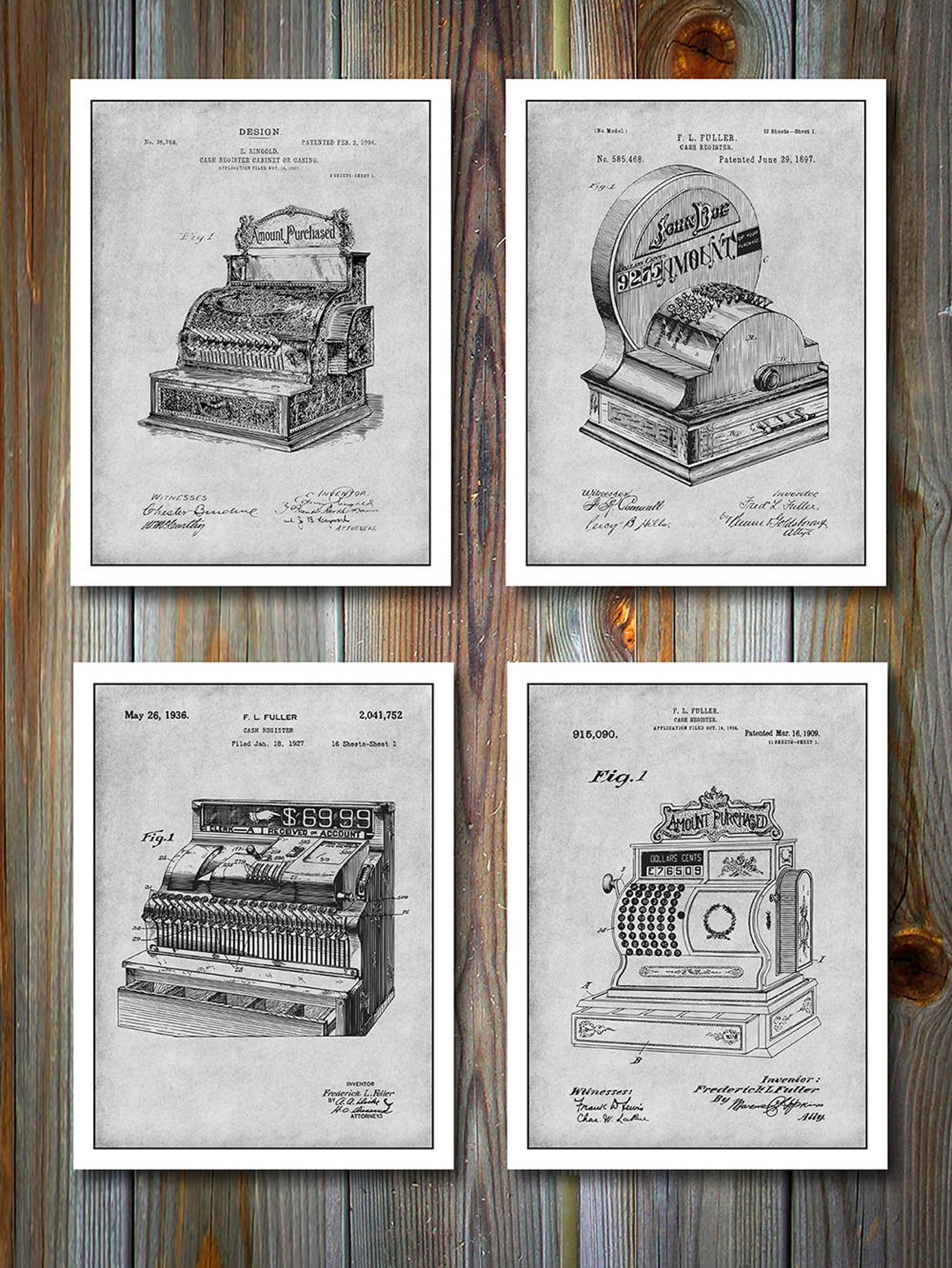 Cash Register Set of 4 Patent Prints Cashier Gift Office | Etsy