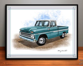 1960's Chevrolet C10 Pickup Truck Art Print, Vintage Chevrolet, Mechanic Gift, Boys Room, Garage Art, Automotive Art, Mancave Art, Truck Art