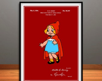 1934 Walt Disney Little Red Riding Hood Colorized Patent Print, Magic Kingdom, Disney World, Kids Art, Nursery Decor, Kids Room, Disneyland