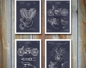 Harley Davidson Patent Prints Set Of 4 - Motorcycle Patent Wall Art Poster Set - Harley Gift Idea - Motorcyclist Gift Idea