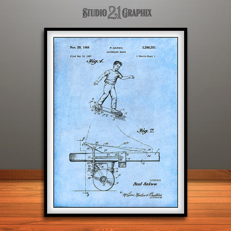 1965 Skateboard Brake Patent Print light blue