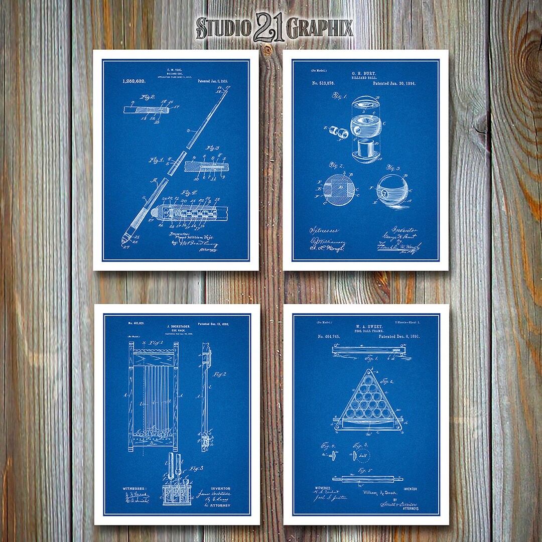 Pool Parlor Print Gallery Wall Billiards Set of 4 Patent Prints, Billiard Parlor Decor ...