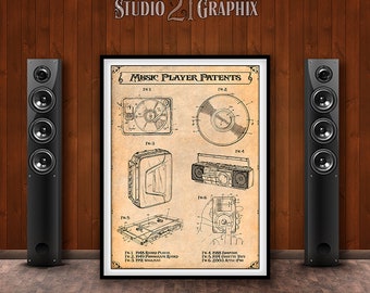 Music Player Patents Poster, Music Art Print College Dorm Decor